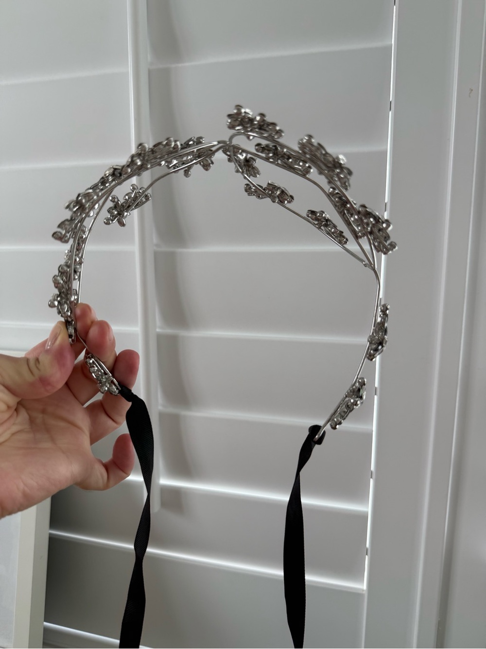 Zara Silver Crystal Floral Headband with Black Ribbon Ties